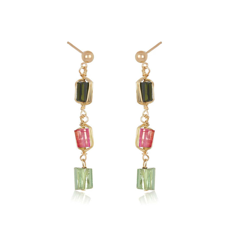 Chunky Tourmaline Dangle Earrings, Yellow Gold Plating
