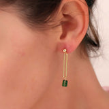 Green Tourmaline Drop Paperclip Earrings, Yellow Gold Plating