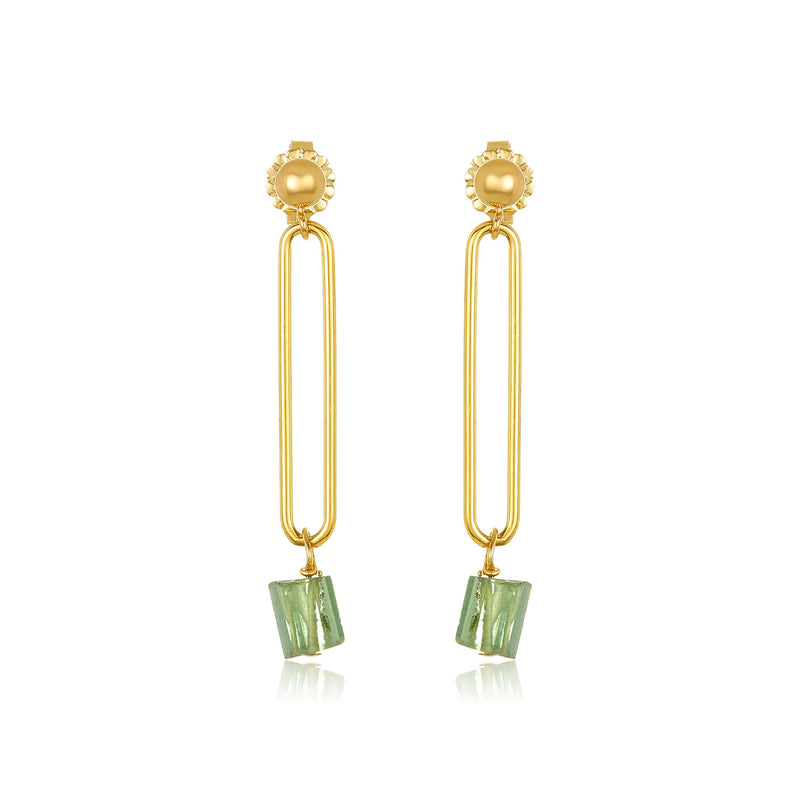 Green Tourmaline Drop Paperclip Earrings, Yellow Gold Plating