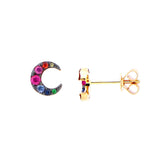 Tiny Gemstone Crescent Moon Earrings, 14K Yellow Gold