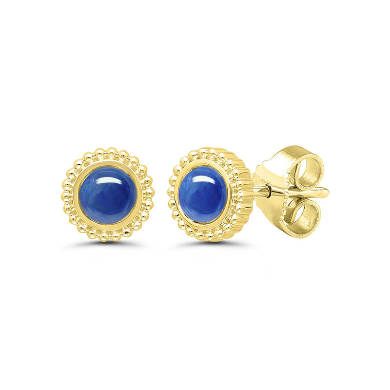 Framed Round Sapphire Stud Earrings, 14K Yellow Gold