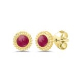 Framed Round Ruby Stud Earrings, 14K Yellow Gold