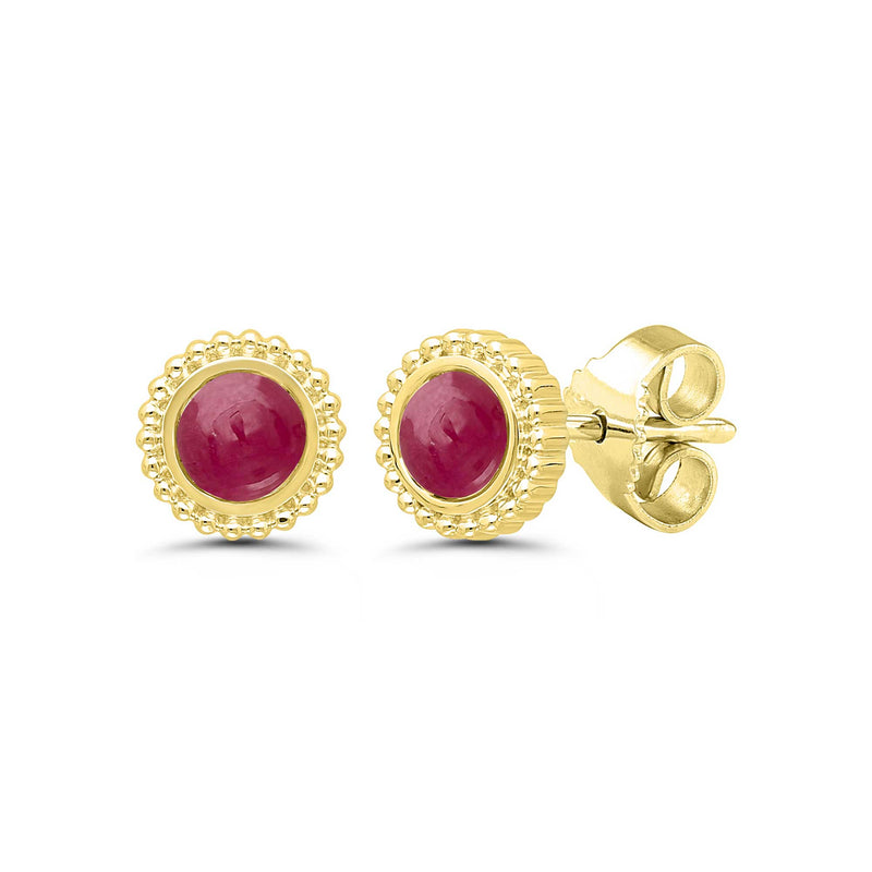 Framed Round Ruby Stud Earrings, 14K Yellow Gold