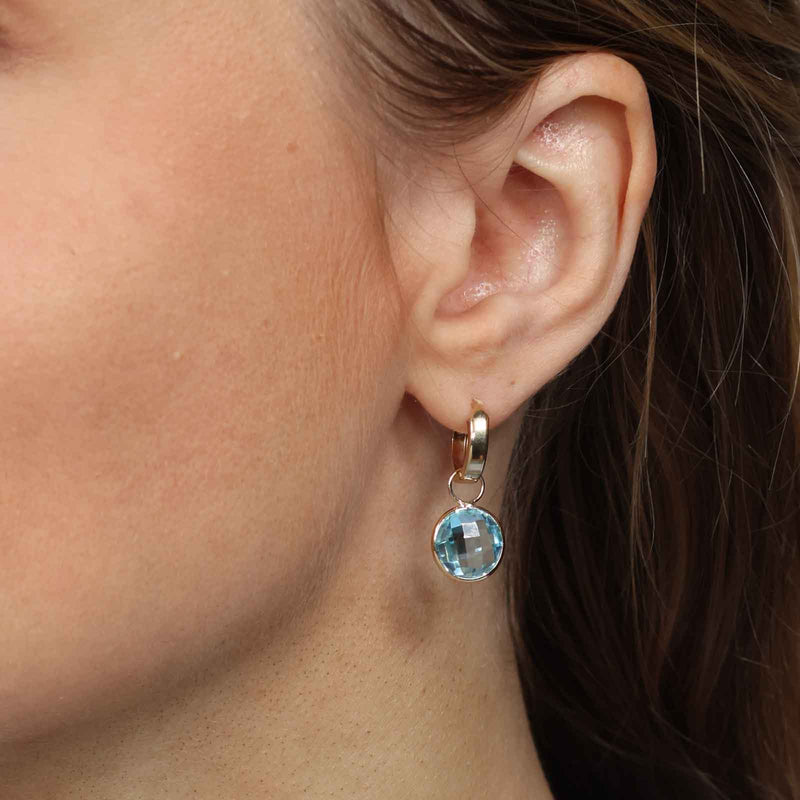 Hoop Earrings with Detachable 9.5MM Blue Topaz Dangles, 14K Yellow Gold