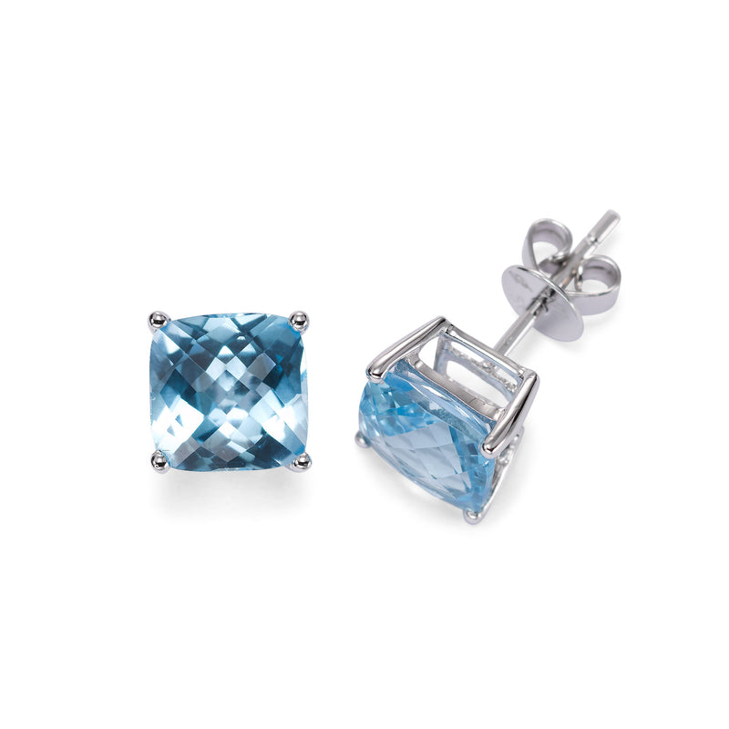 Cushion Cut Blue Topaz Stud Earrings, 14K White Gold