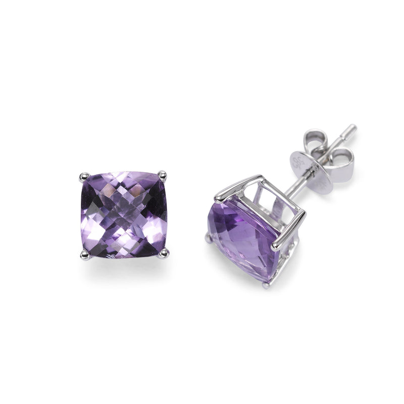 Cushion Cut Amethyst Stud Earrings, 14K White Gold