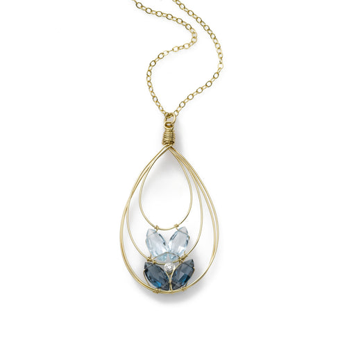 Wire Framed Blue Topaz Pendant, 14K Gold Filled