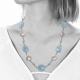 Faceted Aquamarine and Freshwater "Coin" Cultured Pearl Necklace, 17 Inches