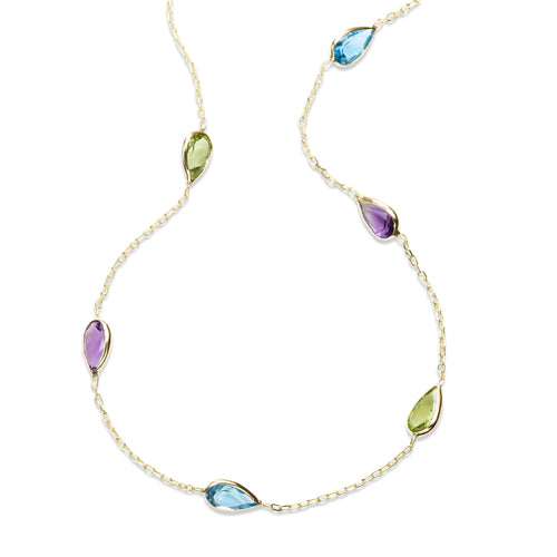 Bezel Set Multi Stone Station Necklace, 14K Yellow Gold