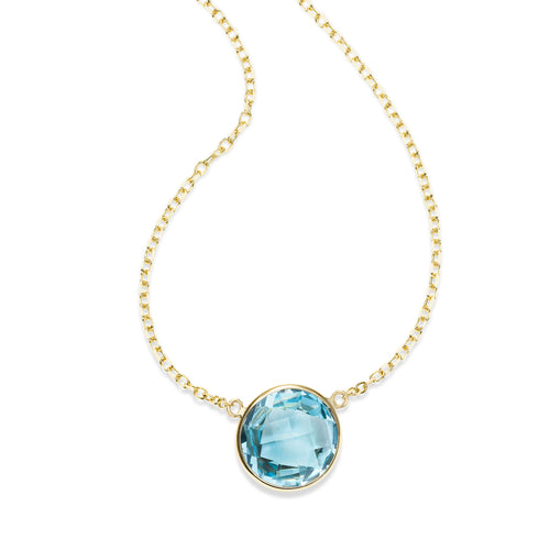 Bezel Set Round Blue Topaz Necklace, 14K Yellow Gold