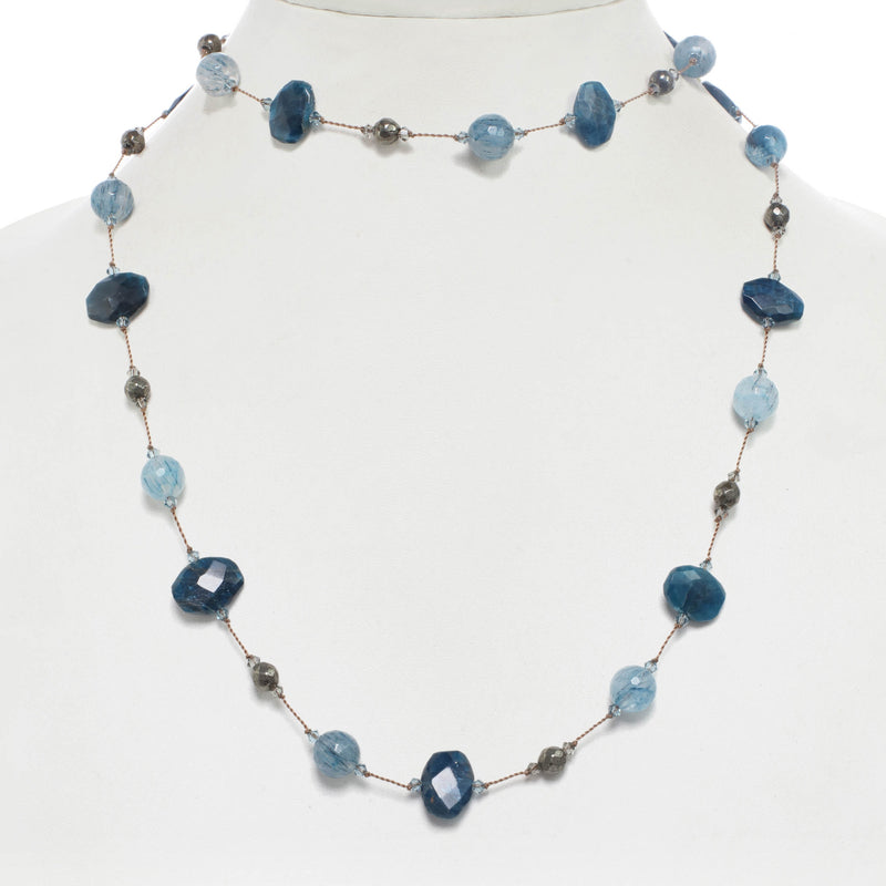 Apatite, Blue Quartz and Pyrite Gemstone Necklace, 35 Inches, Sterling Silver