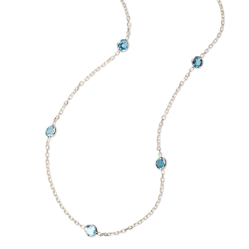 Bezel Set Blue Topaz Station Necklace, 14K White Gold