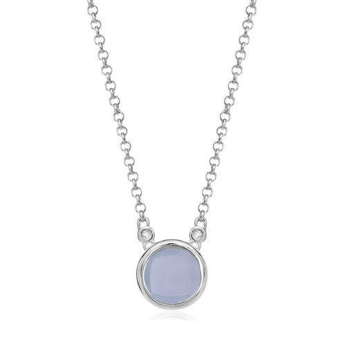 Bezel Set Round Blue Chalcedony Necklace, Sterling Silver