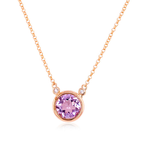 Bezel Set Round Amethyst Necklace, Rose Gold Plating