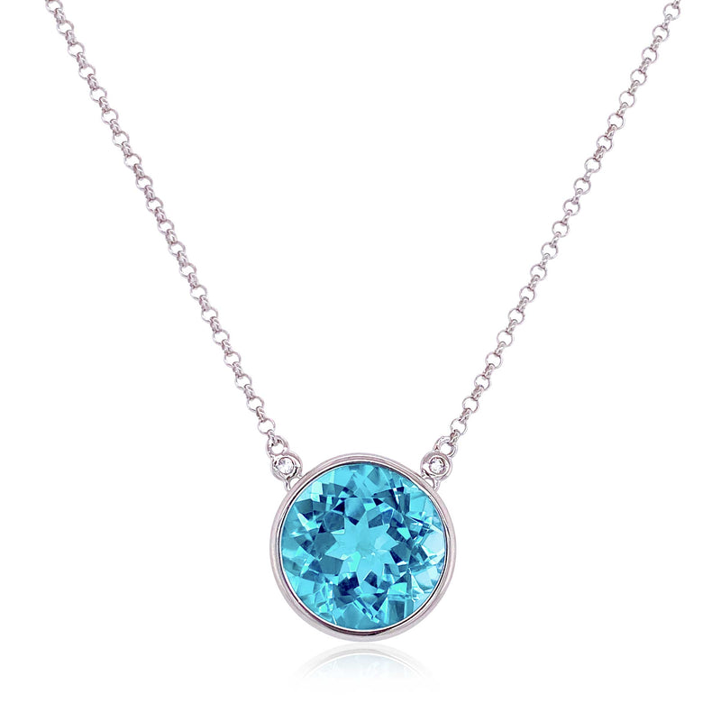 Round Blue Topaz Necklace, White Gold Plating