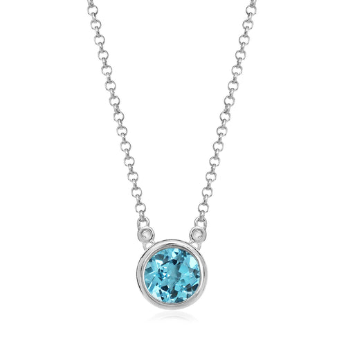 Bezel Set Round Blue Topaz Necklace, White Gold Plating