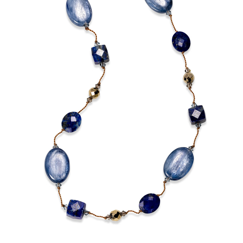 Kyanite, Lapis, and Pyrite Gemstone Necklace, 35 Inches, Sterling Silver