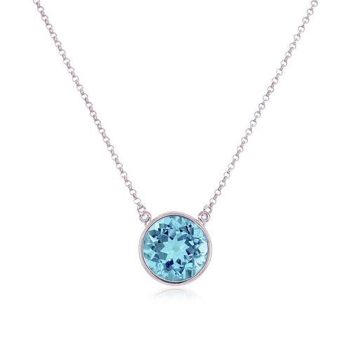 Bezel Set Blue Topaz Necklace, 14K White Gold