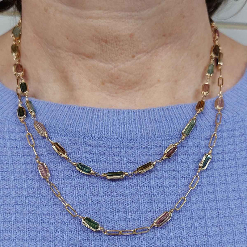 Multicolor Tourmaline Bead Necklace, Yellow Gold Plating