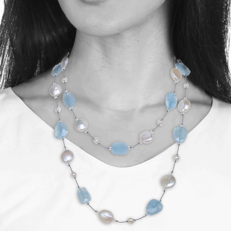 Aquamarine and White Freshwater Pearl 35-Inch Necklace