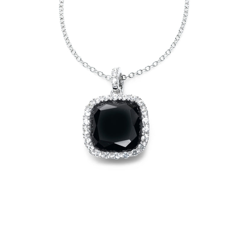 Black Onyx And White Sapphire Halo Pendant, 14K White Gold