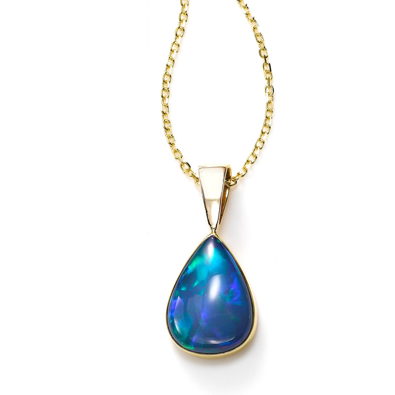 Pear Shaped Set Ethiopian Opal Pendant, 14K Yellow Gold