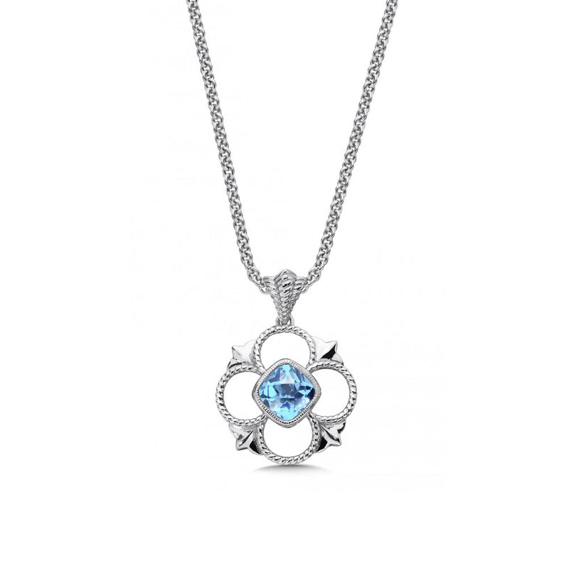 Floral Open Motif Blue Topaz Pendant, Sterling Silver