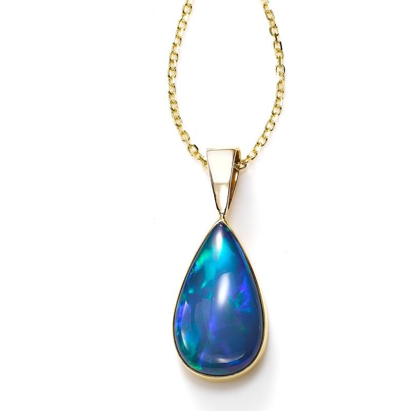 Large Pear Shaped Set Ethiopian Opal Pendant, 14K Yellow Gold