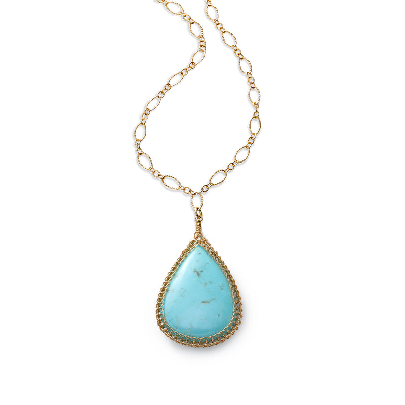 Pear Shape Framed Turquoise Pendant, 14K Gold Filled