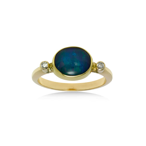 Bezel Set Ethiopian Opal Ring with Diamond Accents, 14K Yellow Gold
