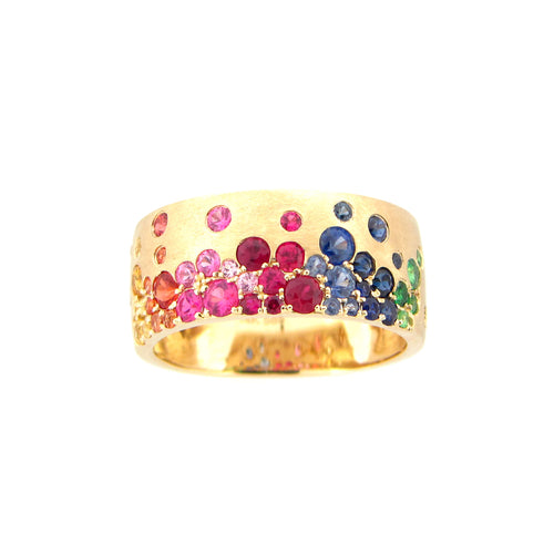 Wide Multicolor Sapphire and Tsavorite Satin Finish Band, 14 Karat Yellow Gold