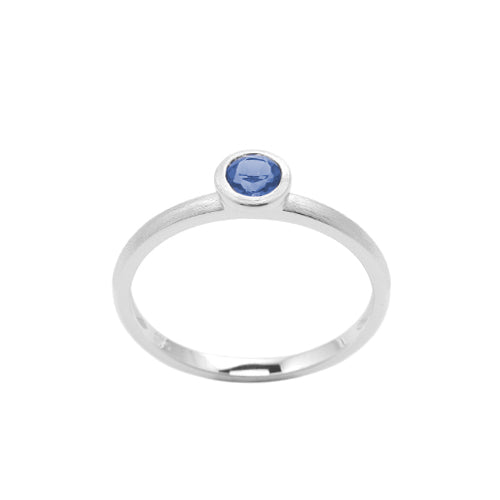 Round Bezel Set Blue Sapphire Ring, 14K White Gold