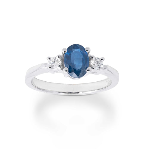 Three Stone Sapphire Ring with Diamonds, 14K White Gold