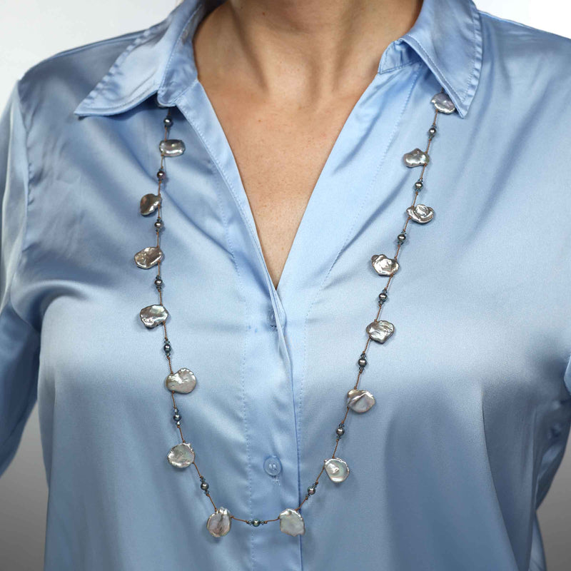 Grey Freshwater Keshi Cultured Pearls, 35 Inches, Sterling Silver