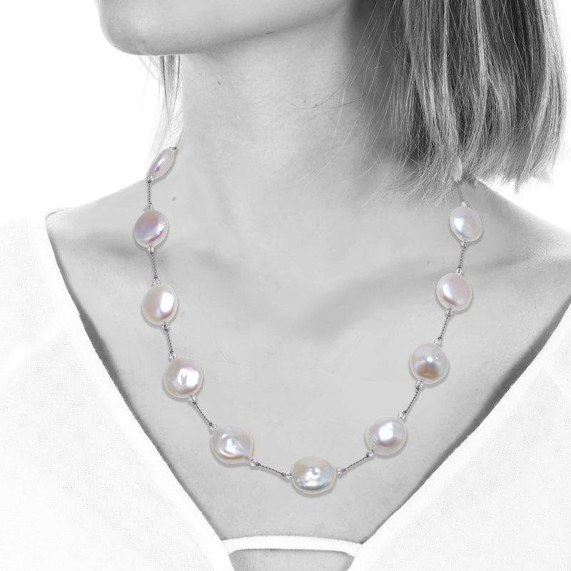 Freshwater Cultured Coin Pearl and Swarovski Crystal Necklace, Sterling Silver, by Margo Morrison