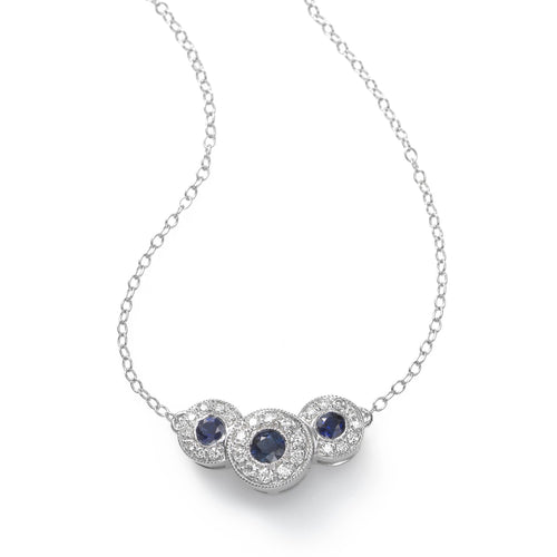 Three Blue Sapphire and Diamond Halo Necklace, 14K White Gold