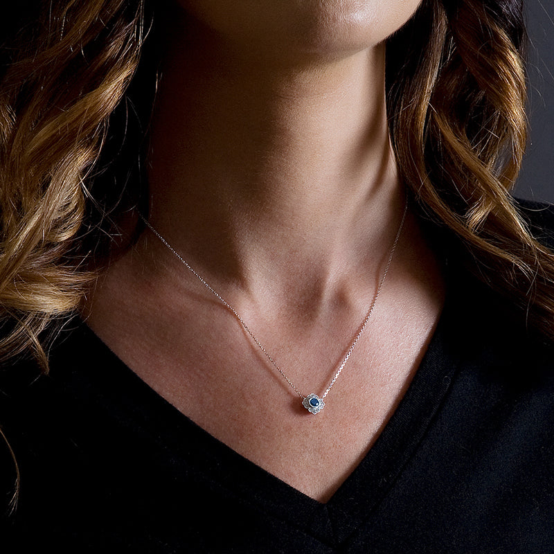 Vintage Style Sapphire and Diamond Necklace, 14K White Gold