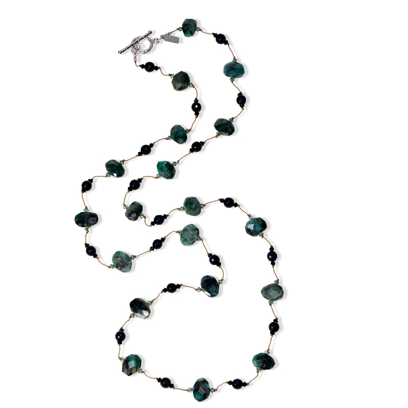 Raw Emerald and Black Spinel Necklace, 35 Inches, Sterling Silver