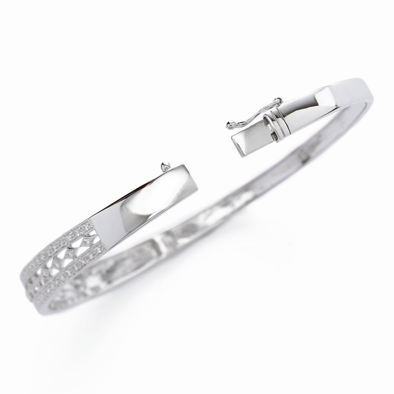 Vintage-Look Diamond Large Bangle Bracelet, 14K White Gold