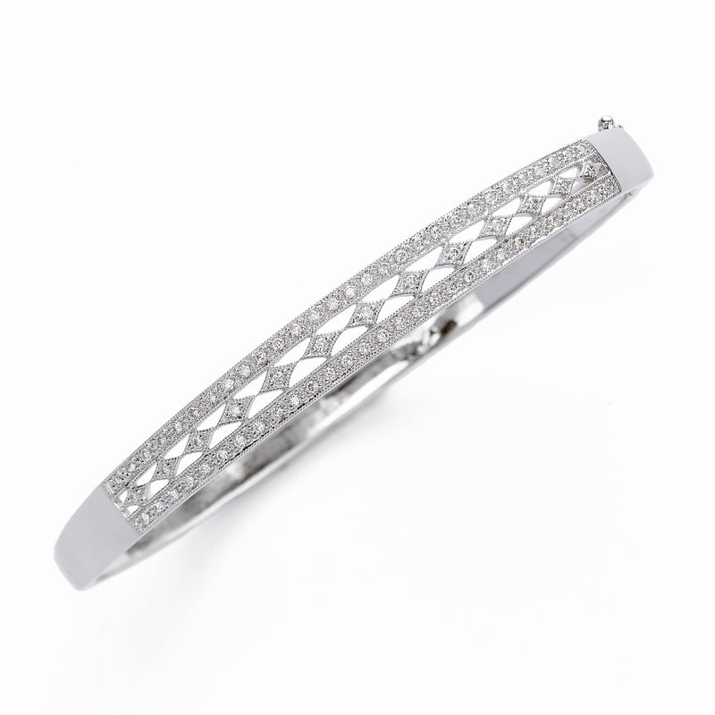 Vintage-Look Diamond Large Bangle Bracelet, 14K White Gold