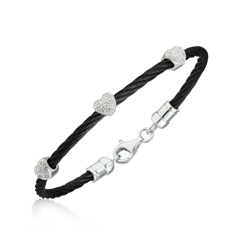 Diamond Blackenend Cable Bracelet, Steel, Sterling Silver Hearts