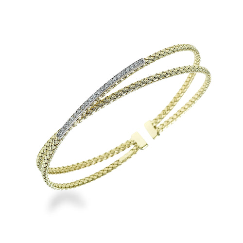 Two Tone Criss Crossing Diamond Cuff Bracelet, 14 Karat Gold