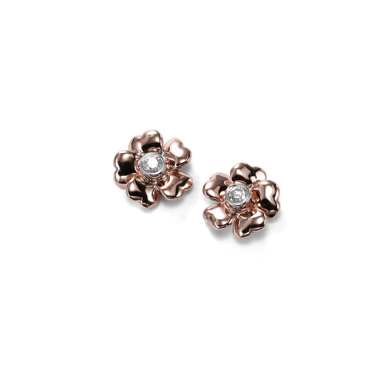 Small Flower Earrings with Diamond Center, 14K Rose Gold