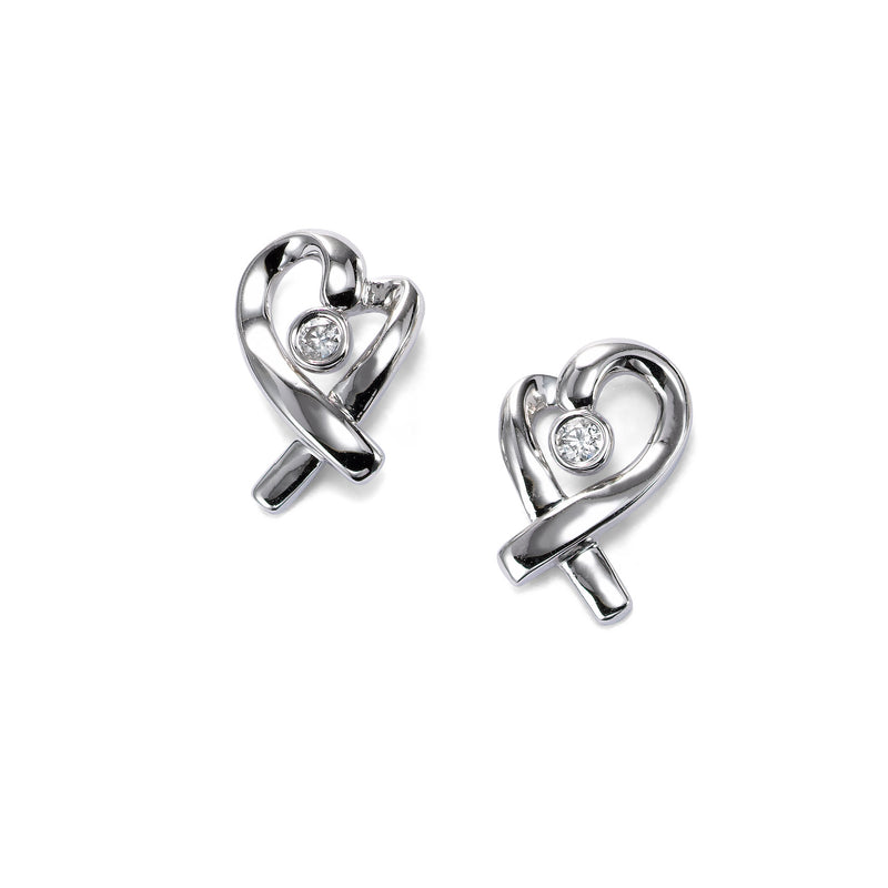 Heart Ribbon Earrings with Diamond Center, 14K White Gold