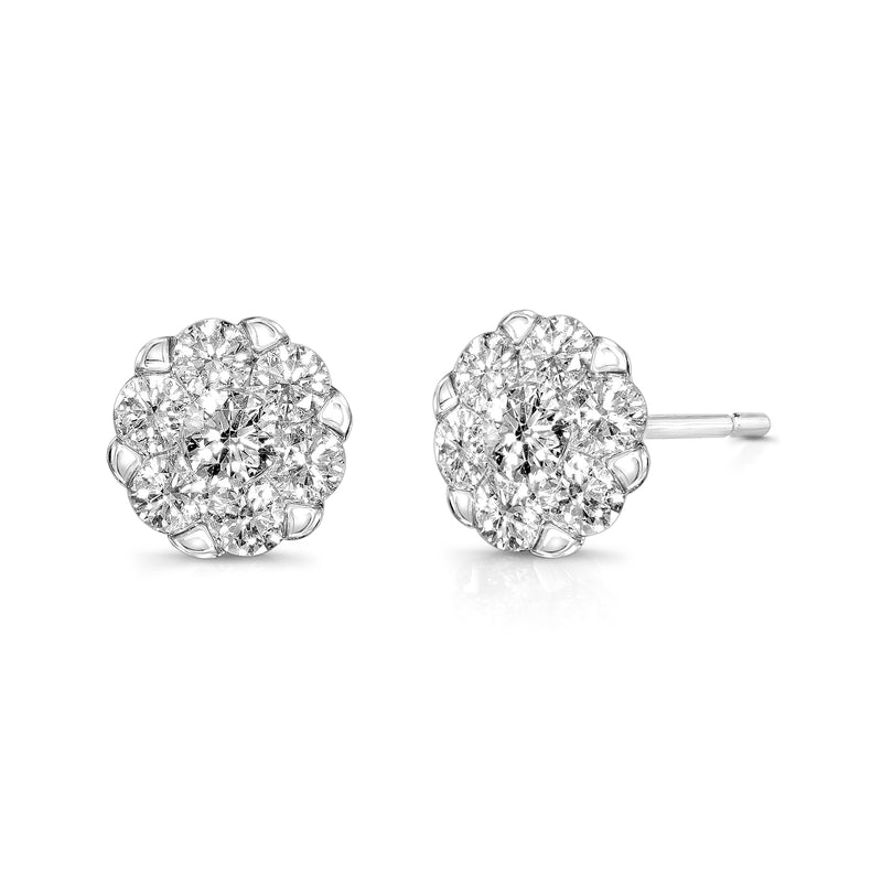 Diamond Cluster Earrings, .78 Carat, 14K White Gold