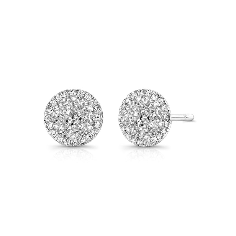 Round Diamond Cluster Earrings, 14K White Gold