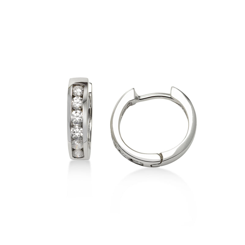 Channel Set Diamond Huggie Hoop Earrings, 14K White Gold