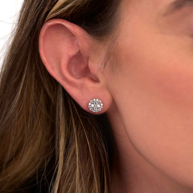 Round Diamond Cluster Earrings, .98 Carat, 14K White Gold