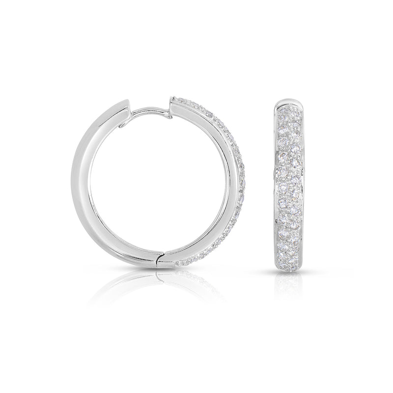 Pavé Diamond Hoop Earrings, .90 Inch, 18K White Gold