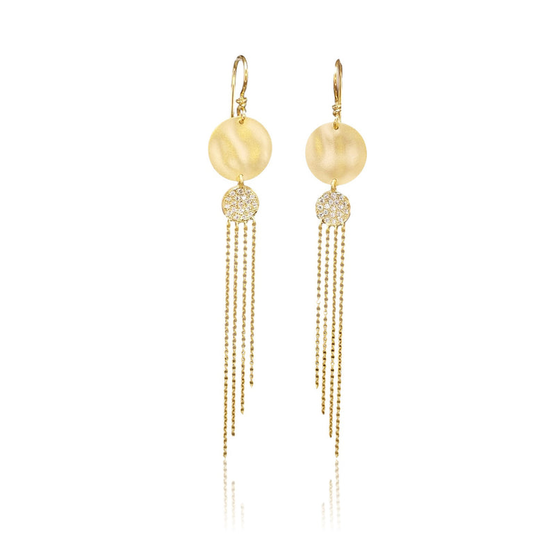 Gold Disc and Tassel Diamond Earrings, 14K Yellow Gold
